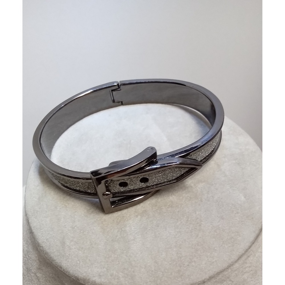 Gunmetal Buckle Bangle Bracelet Silver Glitter Inlay Hinged Cuff Dark Grey Metal